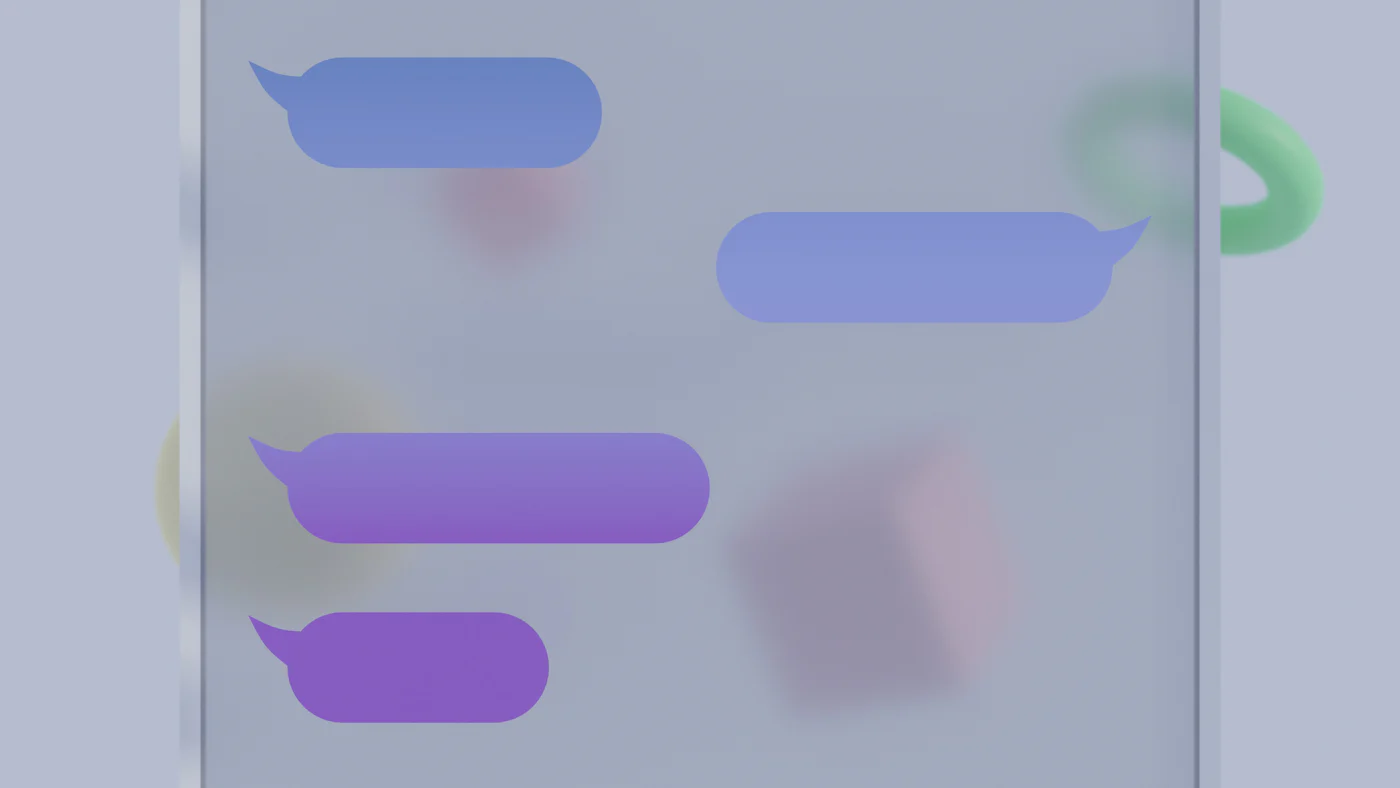 Burbujas de conversación translúcidas sobre una pantalla, como un chat con un asistente.